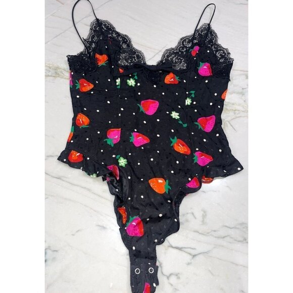 Alessandra Rich Strawberry Print Silk Jacquard Bodysuit in Black 42 New Womens - Picture 6 of 15